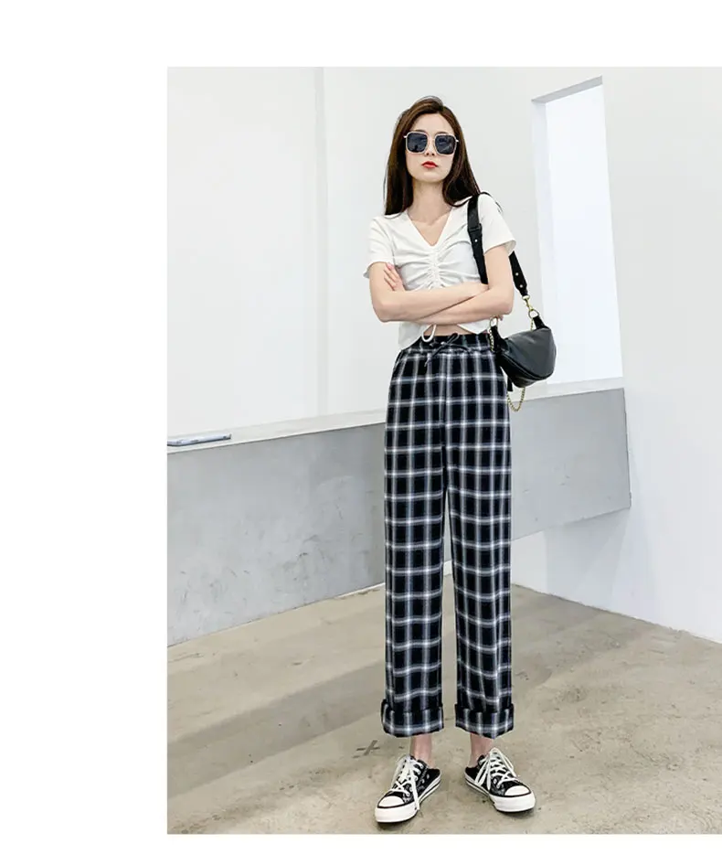 

Black White Plaid Women's Pants Spring and Autumn 2021 New High Waist Drooping Loose Straight Casual Summer Thin