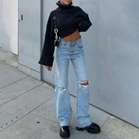woman high waist knee rippped jeans all match lady long baggy tassel floor pants 2021 street straight washed denim trousers new