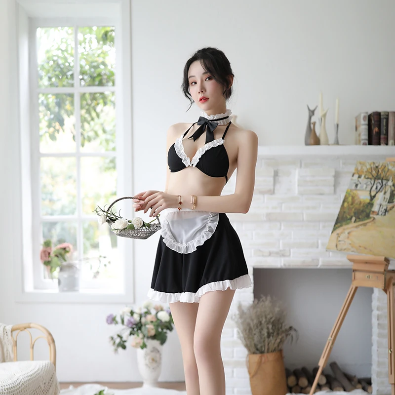 

New Sexy Ladies Maid Uniform Three-point Suit Tempting Perspective Underwear Fungus Lace