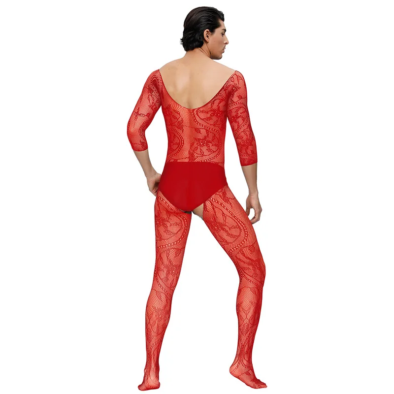 

Sexy Jumpsuit Men's Toppophye See-fun Stockings Open Ultra-thin Lace Fishnet Bodysuit Bodystocking MP158