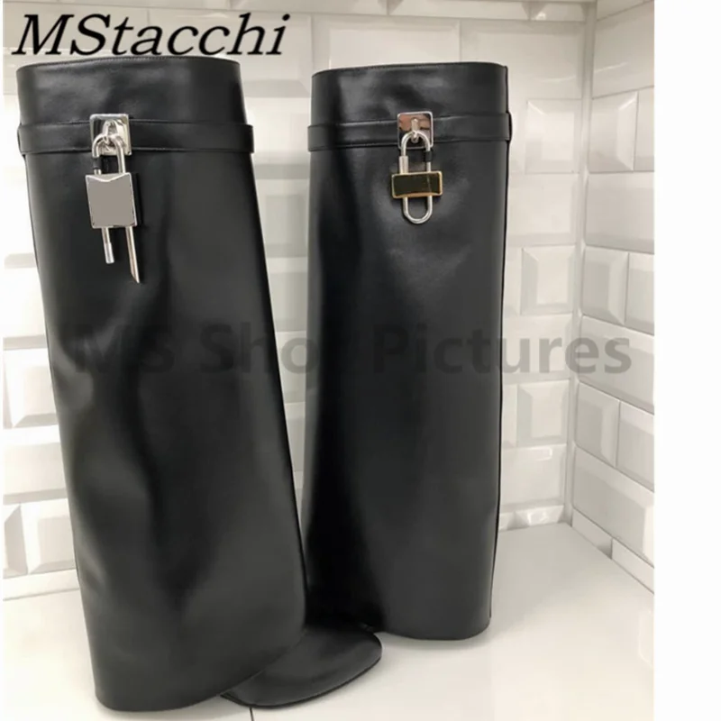 

Women Genuine Leather Lock Knee Boots Brand Punk Metal Decoration Knee-High Boots Ladies Pointed Toe Wedge Boots Chaussure Femme