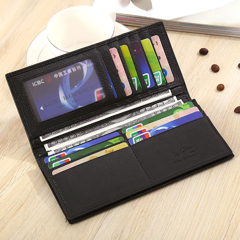 KANGAROO KINGDOM fashion luxury genuine leather men wallets long slim bifold card holder purse wallet