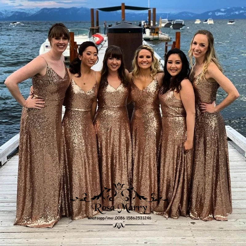 

Rose Gold Sequined Long Bridesmaids Dresses Plus Size Wedding Guest Gowns Country Beach Maid of Honors Prom Party Wears