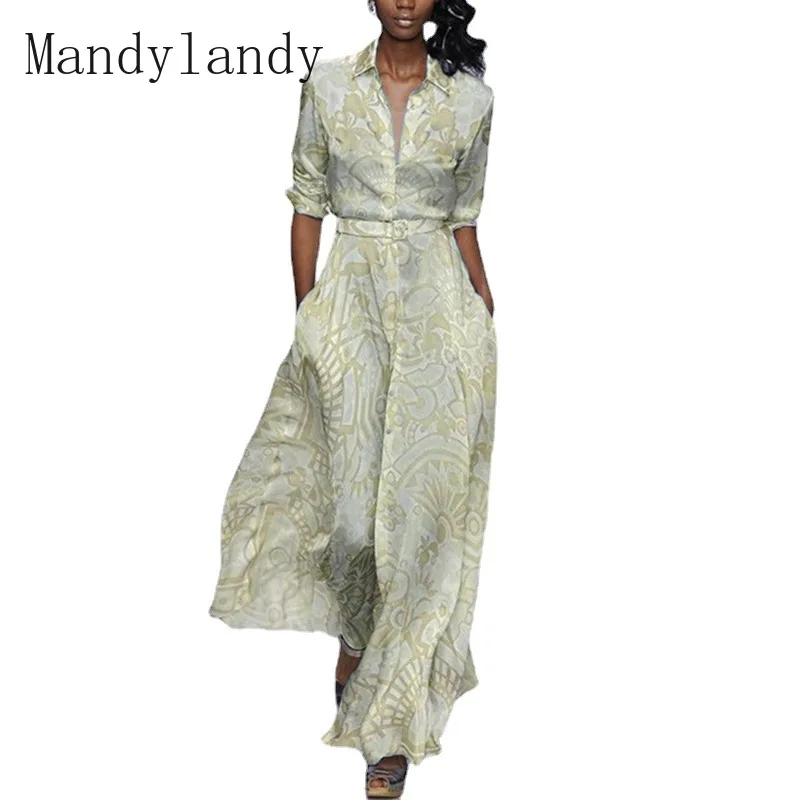 

Mandylandy Dress Summer Fashion Long Sleeve Turn-down Collar Printed Dress Women's Casual Slim High Waist Dress