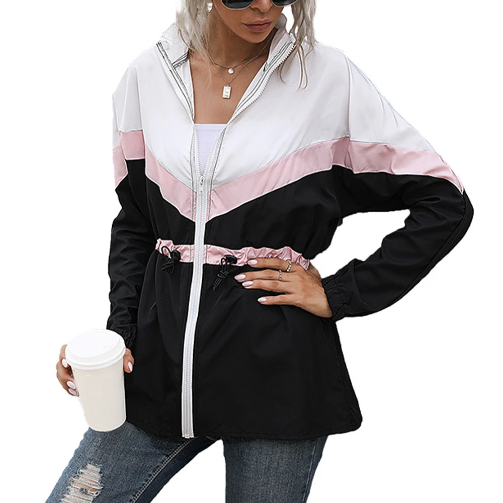 

Womens Jacket Color Matching Long Sleeve Stand Collar Casual Baggy Coat Ladies Outdoor Sports Fitness Zipper Outwears