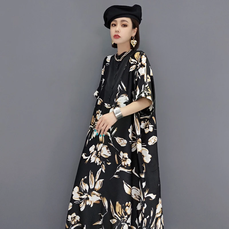 

SHENGPALAE Elegant Printed Chiffon Derss Women's Summer 2021 New Round Beck Loose Button Short Sleeve Mid-calf Dresses Female