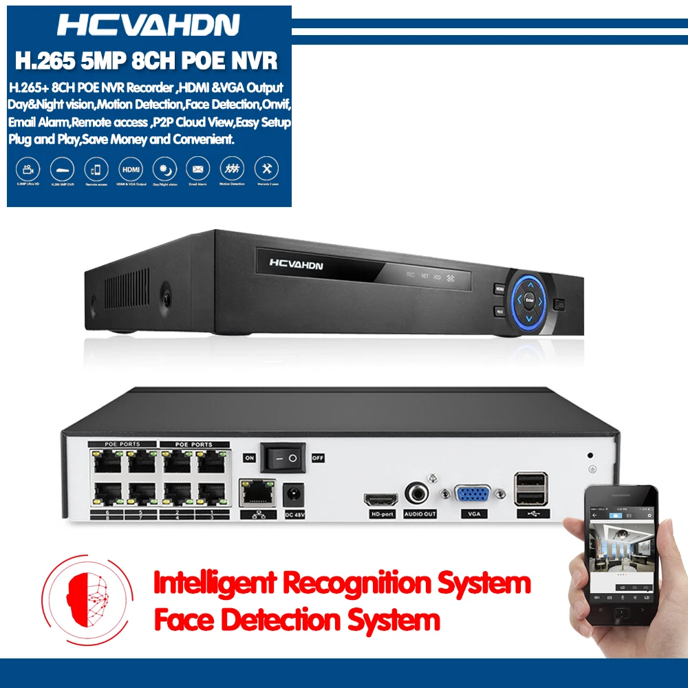 IP камера видеонаблюдения H.265 H.264 4/8 каналов POE NVR P2P ONVIF 5 Мп|Видеорегистратор для