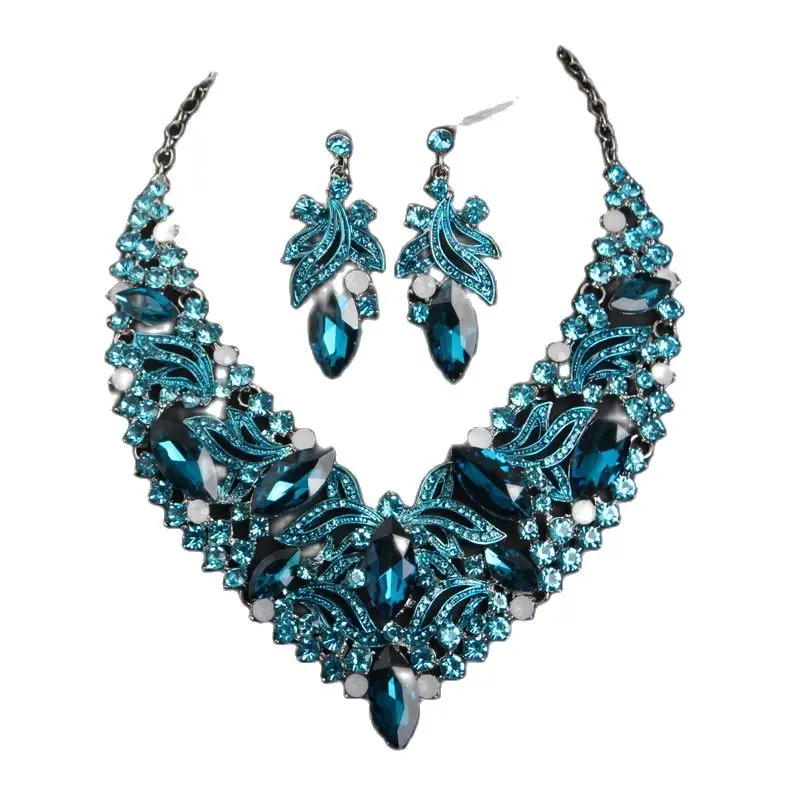 

Luxury Crystal Bridal Wedding Jewelry Sets for Women Blue Color Choker Necklace Earrings Set Bridal Party Jewelry