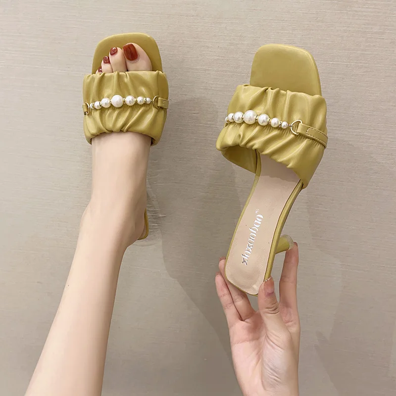 

Slippers Casual Shoes Slides Women Heels String Bead Shallow Pantofle Luxury Soft High 2021 Thin Fashion PU Concise Hoof