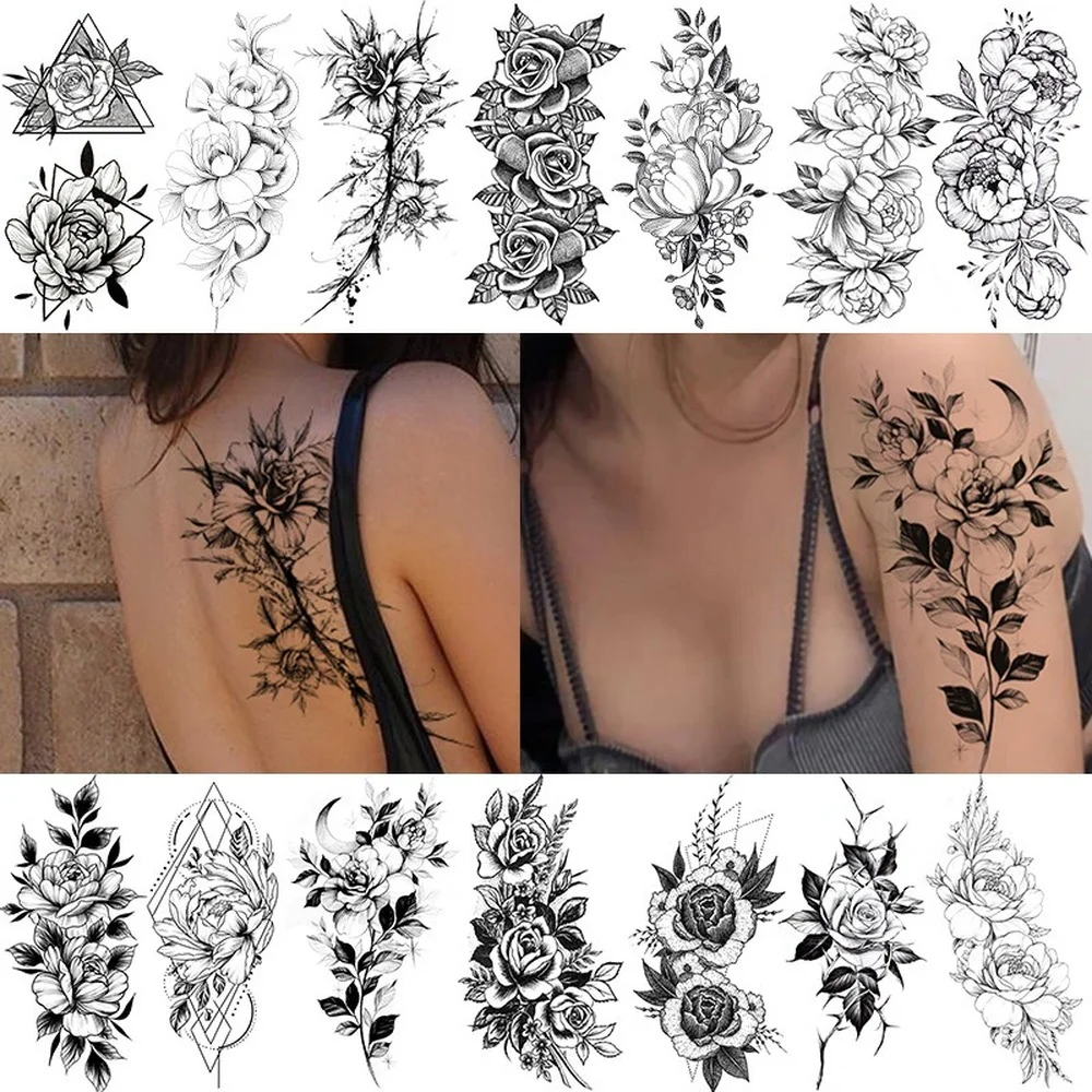 Водостойкие Временные татуировки черные эскизы цветы наклейки 3D флэш поддельные