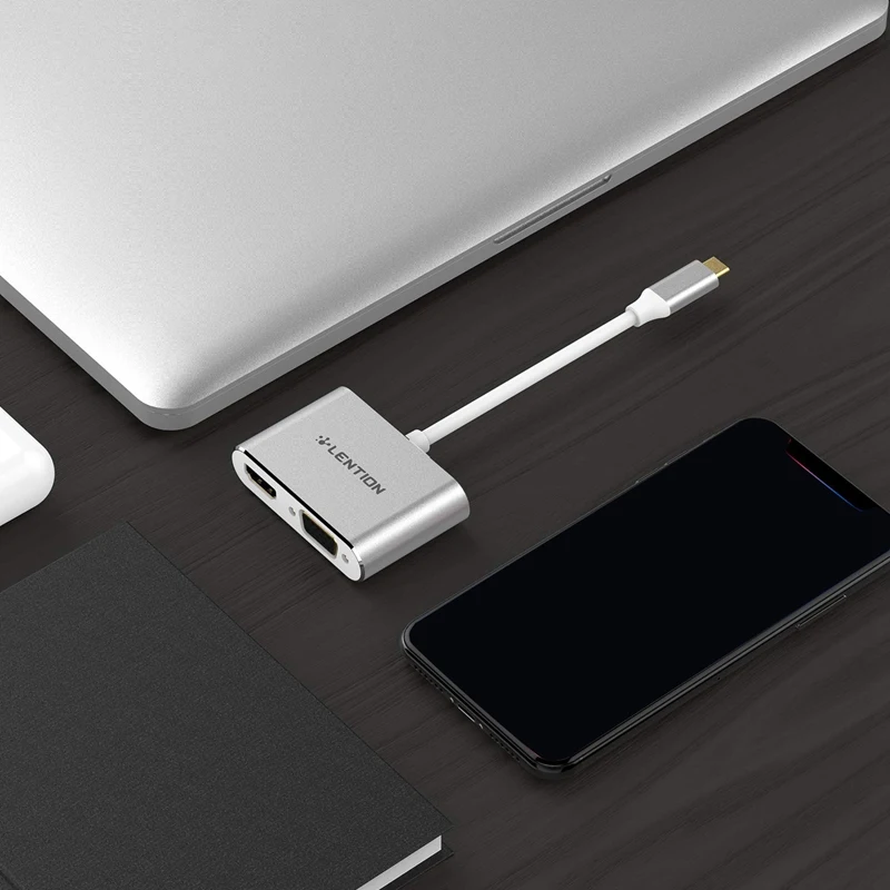 

LENTION C51 USB C to HDMI-Compatible & VGA Adapter Fast Charging to Vga Adapter Up to 4K/30Hz Digital AV Output for Laptop