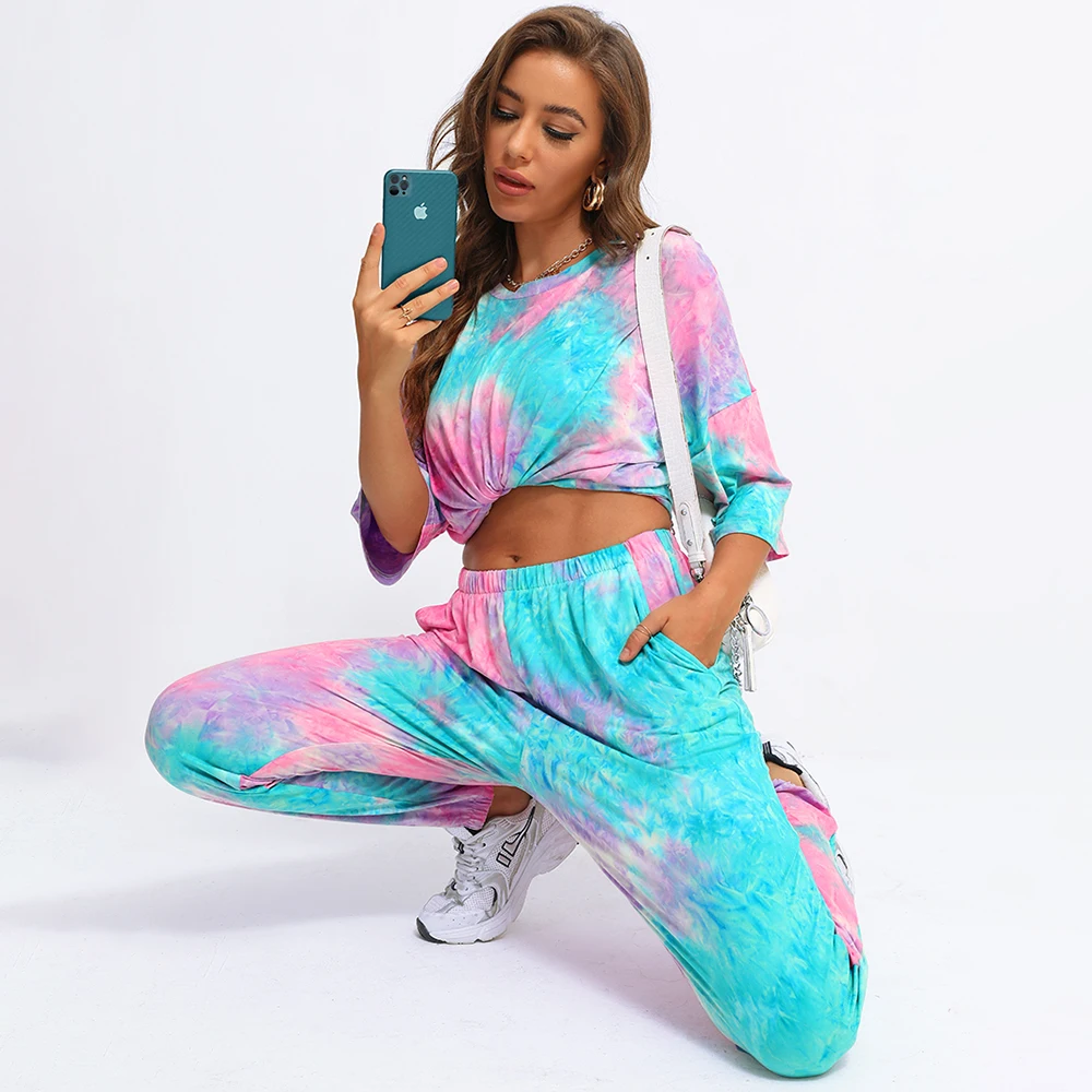 

Fridayin Summer Tie-Dye Printed Loose Tracksuits Elastic Waist Trousers Set Top Shirt And Long Pants Bottom Two Piece Set