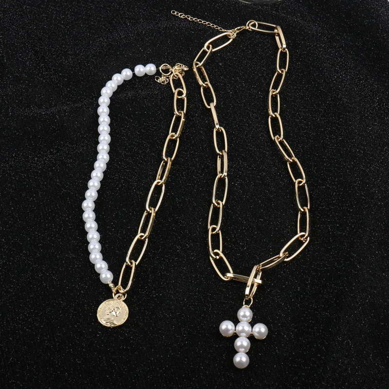 

KMVEXO Fashion 2 Layers Pearls Geometric Pendants Necklaces For Women Gold Metal Snake Chain Necklace New Design Jewelry Gift