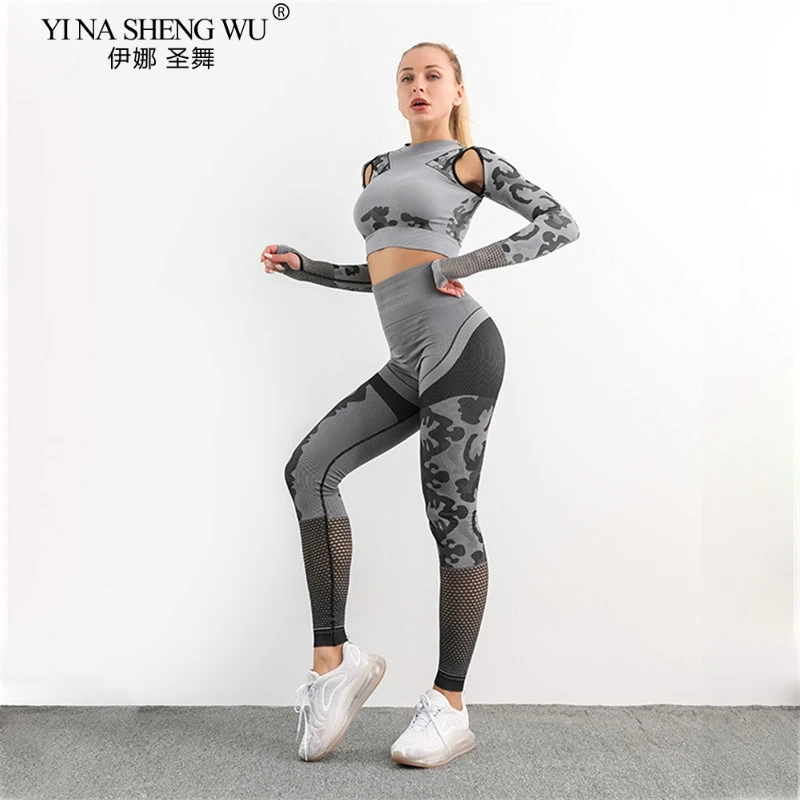 

Одежда для тренировок для женщин, спортивная одежда с камуфляжным принтом, Женский костюм для фитнеса и йоги, женские леггинсы, топ для тренажерного зала, комплект для тренировок, женский зимний