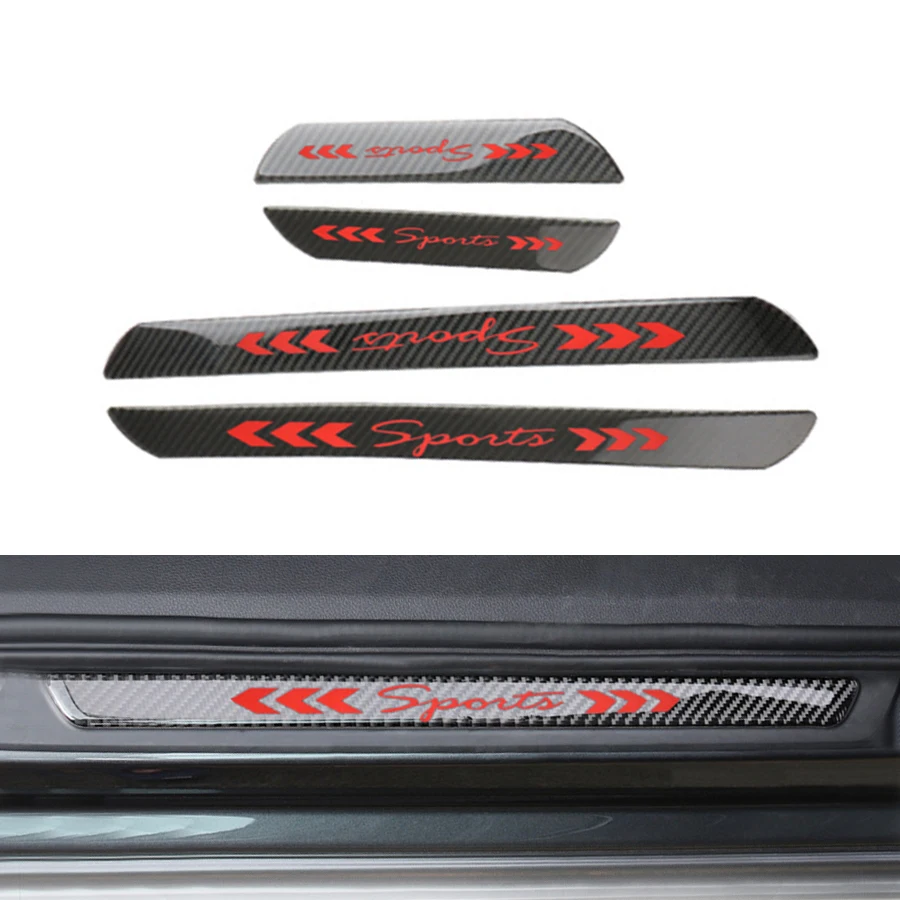 

4Pcs 25.5cm + 49cm Car Door Scuff Sill Cover Panel Real Carbon Fiber Protector Sticker Red Reflective