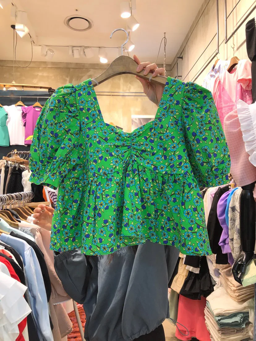 

New 2021 Summer Women Sweet Floral Pleated Puff Sleeve Shirt Blouse Y2k Aesthetic Sexy Flower Print Green