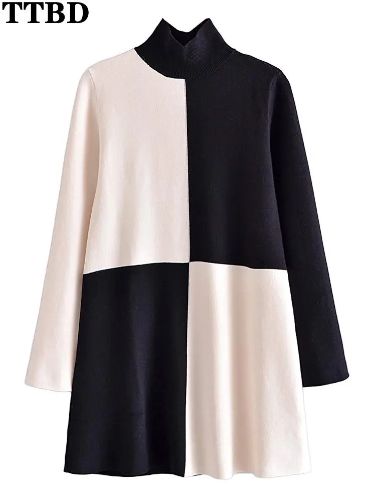 

TTBD Women knit colour block mini dress 2022 New high neck long sleeves slim vintage dress women's Fashion spring autumn dresses