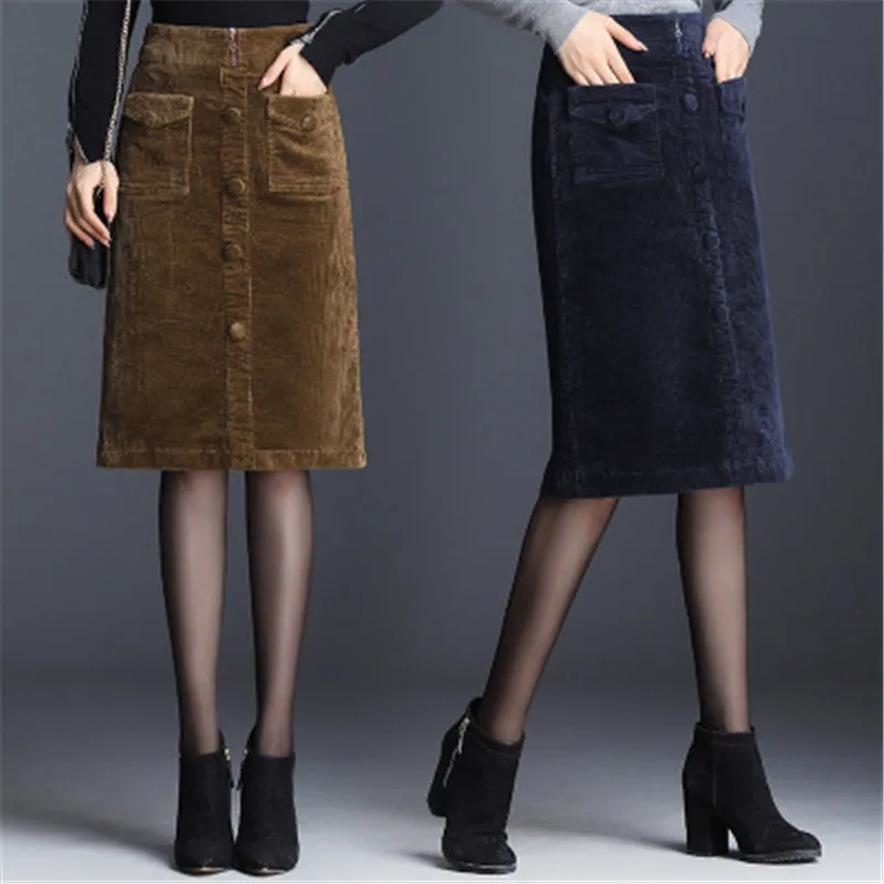 

Юбка женская Вельветовая прямая до колена, элегантная Свободная юбка с разрезом и карманами, с эластичным поясом, большие размеры 3XL 4XL, RM50069