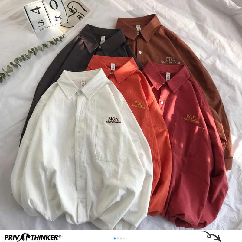 

Privathinker Men Solid Shirt Long Sleeve 2020 Man Korean Fashions Monday Embroidery Shirt Male Streetwear Spring Women Shirts