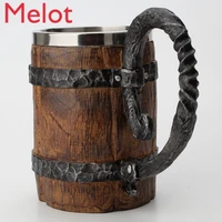 beer steins simulation wood cup stainless steel liner mug large handle log shape water cup