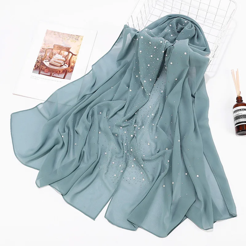 

Women's Bubbles Chiffon Scarf And Diamond Studs Pearls Scarf Plain Hijab Shawls Wraps Solid Color Muslim Hijab Scarf