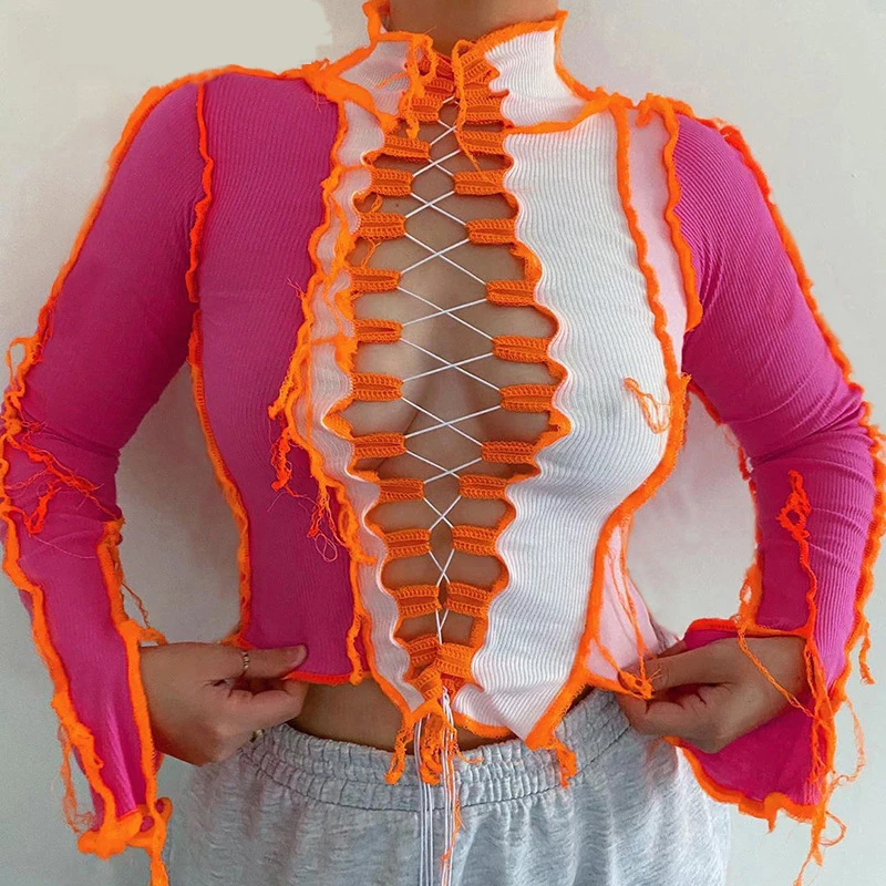 

Vrouwen Завязка спереди Топ Lange Mouwen горячий облегающий клуб Verjaardag Geribbelde укороченные футболки одежда пэчворк сексуальный ажурный