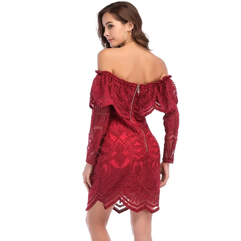 

Sexy WOMEN'S Dress Horizontal Neck Long Sleeve Lace Dress Hot Selling Europe and America Elegant Slash Neck