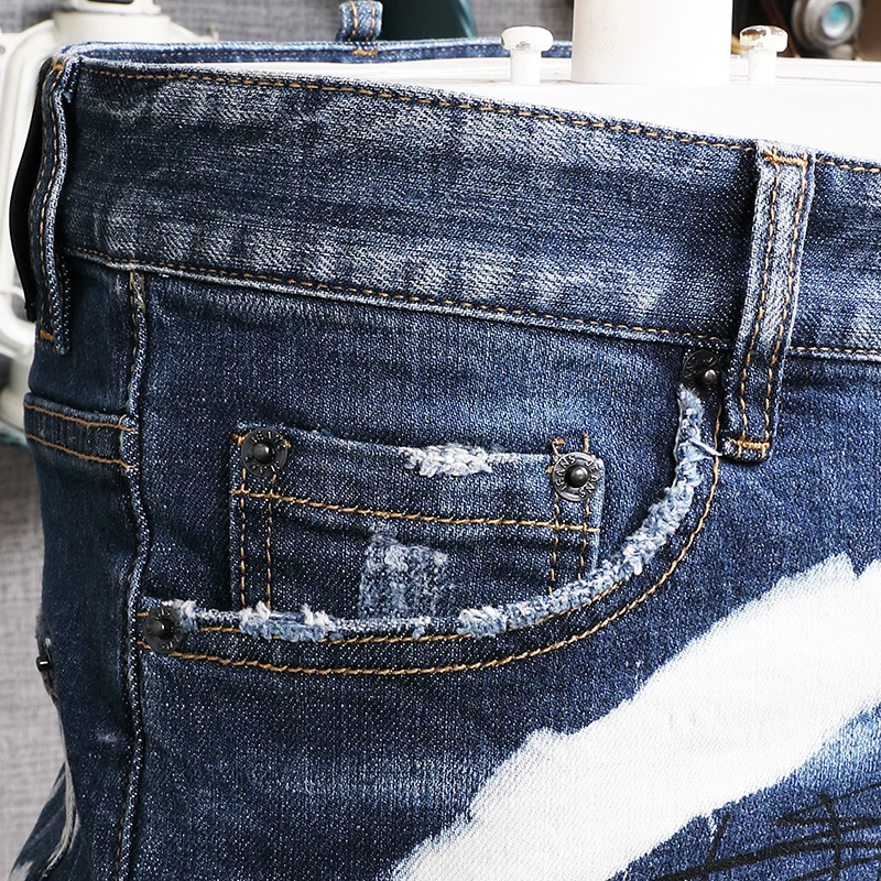 Summer New Men's Letter Printed Ripped Short Jeans Men Fashion Casual Slim Fit High Quality Cotton Stretch Denim Shorts