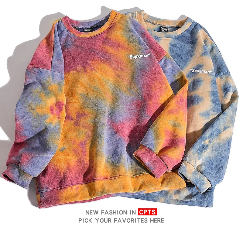 

Women Men Tie-Dye Pullover O-Neck Plus Velvet Retro Couple Thick Bottoming Jumper Top Autumn Winter Female Girls