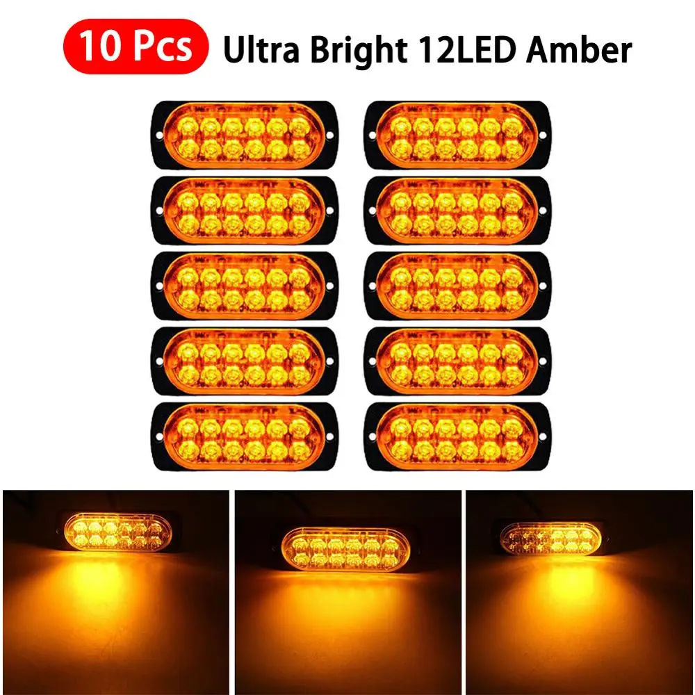 

10Pcs Amber 12 LED Car Truck Emergency Beacon Hazard Flash Strobe Light Bar