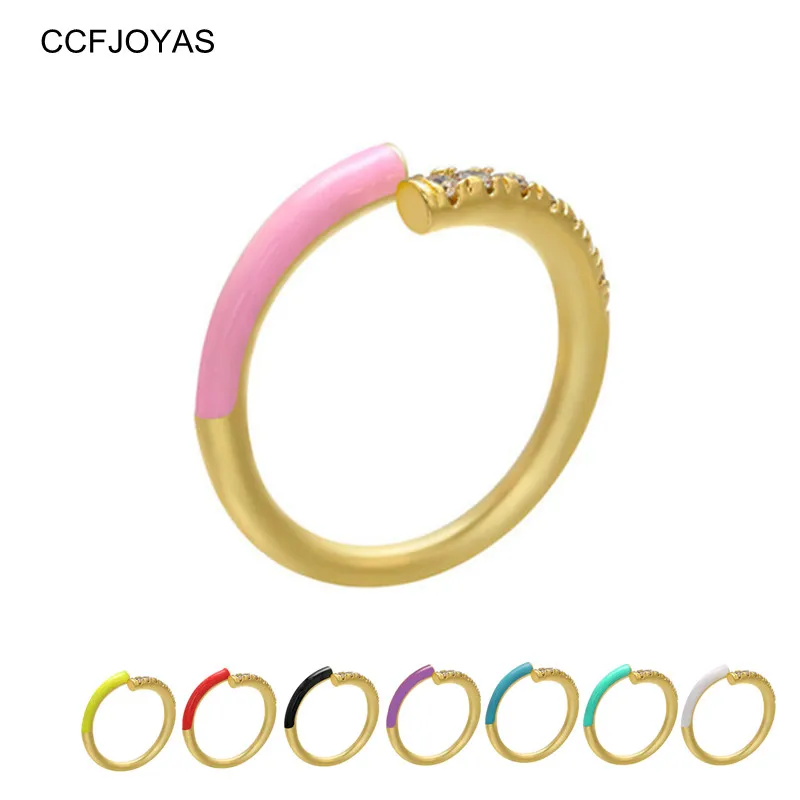 

CCFJOYAS Multicolor Rainbow Oil Dripping Micro-Inlaid Zircon Ring for Women High Quality Copper Open Ring Jewelry Accessories