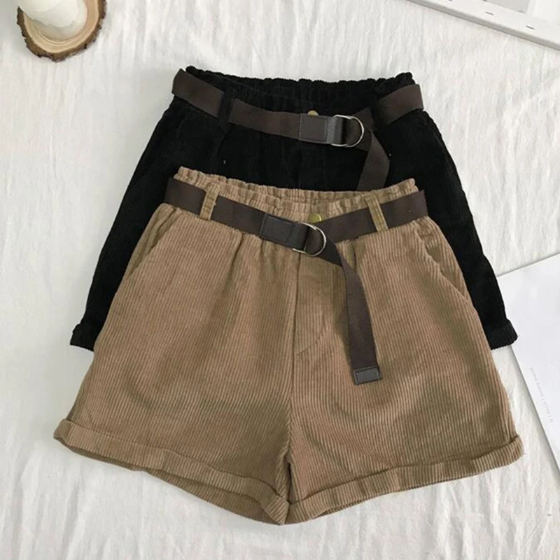 Женские вельветовые шорты с высокой талией и поясом повседневные свободные