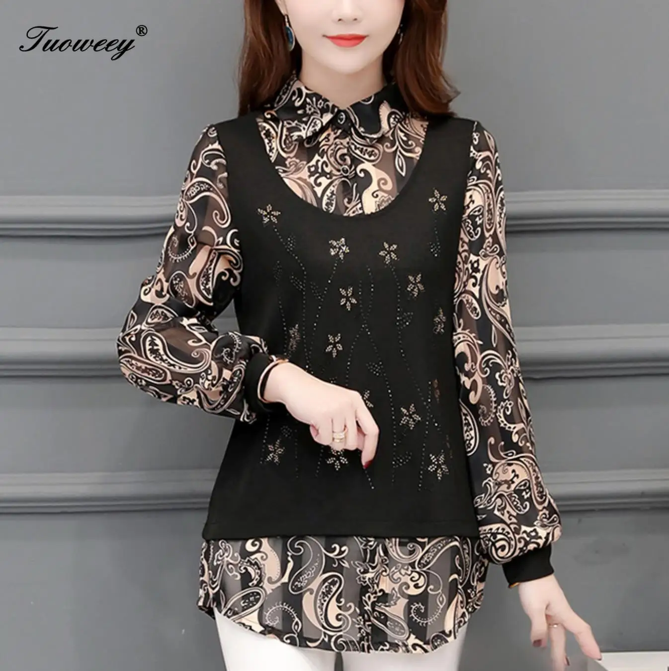 

Kimono Casual Long Sleeve Floral Chiffon Patchwork Women's Shirts Plus Size Streetwear Blouse Fake Two Pieces Tops Blusas Mujer