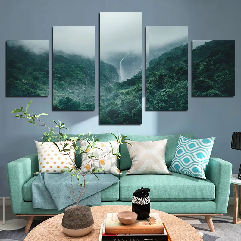

5pcs HD Printed Canvas Paintings Landscapes Misty Forests And Waterfalls Art Group Home Decoration Wall Poster Modular Pictures