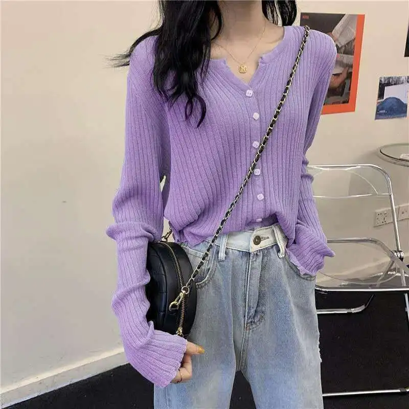 

Y2K Cardigan Women Solid Casual V-Neck Summer Simple Office All-match Friends Chandails Knitting Sun-proof Tunic Harajuku Daily