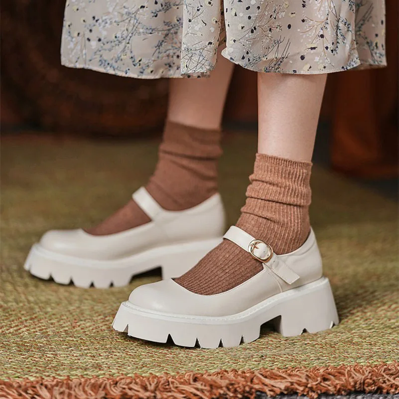 

Meotina Mary Janes Shoes Women Natural Genuine Leather Platform High Heels Buckle Strap Thick Heel Ladies Footwear Spring Beige