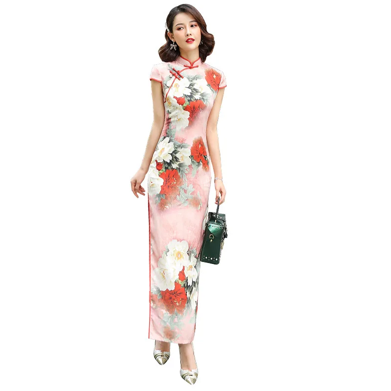 2020 новый длинный Шелковый Чонсам со стоячим воротником Ретро Стиль ежедневное