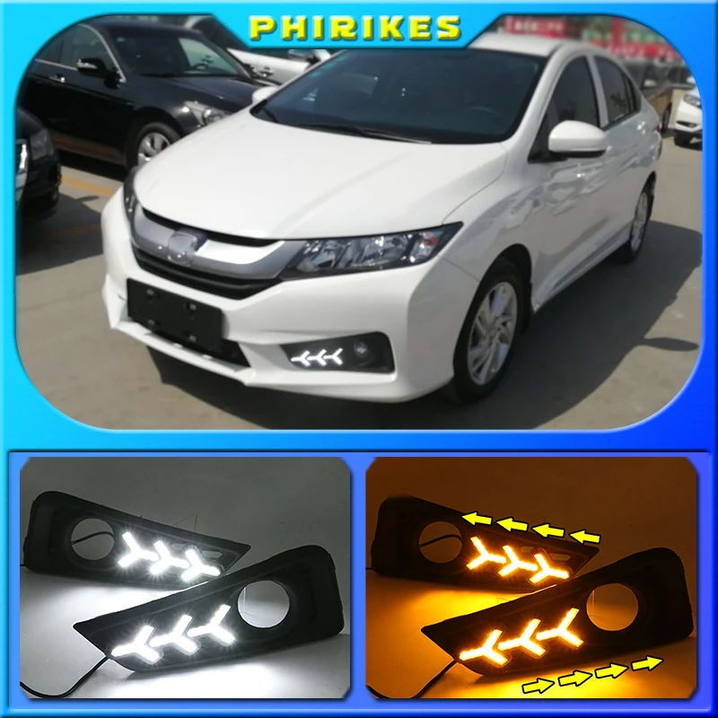 

1 комплект 12 В ABS светодиодный одов для Honda City 2015 2016 DRL дневные ходовые огни дневсветильник с желтым указателем поворота