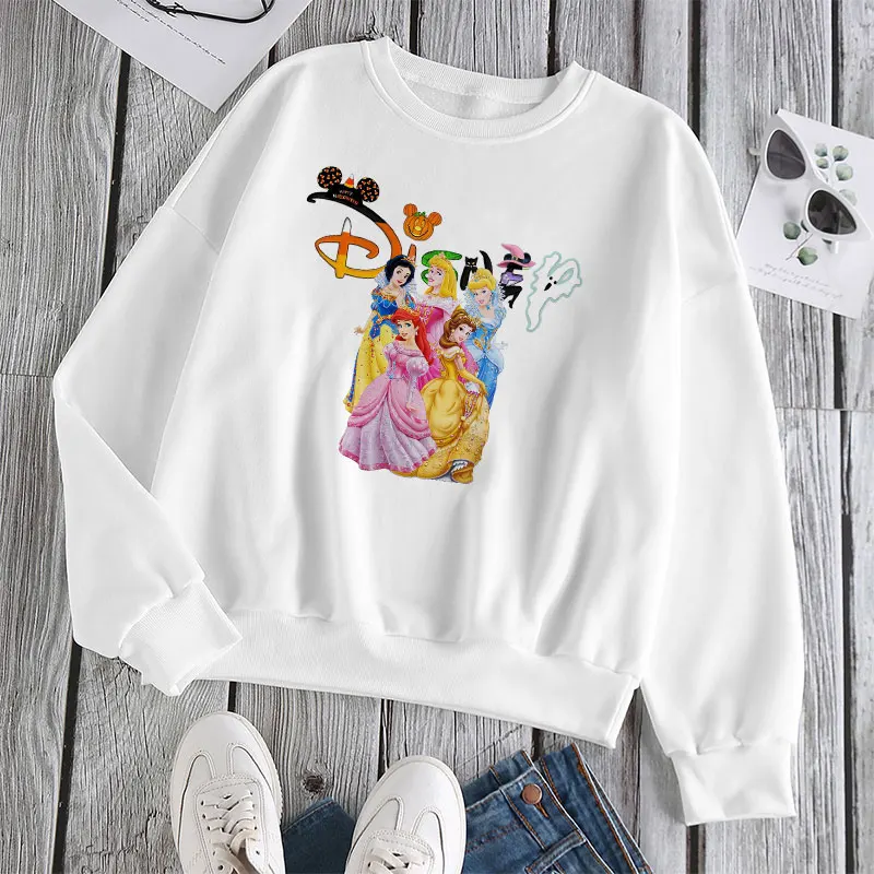 

Disney Princess Print Sweatshirts Women 2022 Spring Autumn New Fashion White Hoodies Ladies Loose Pullover Tops Female Clothing