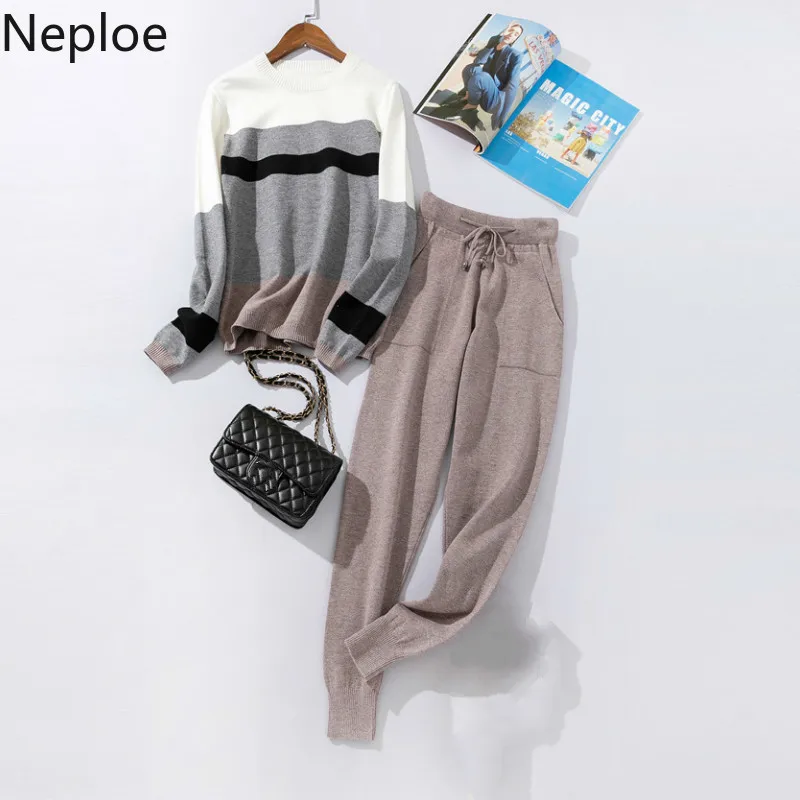 Neploe Conjuntos De Mujer Black Srtiped Short Kitt Sweater + High Waist Soild Pants Loose Slim Autumn Winter Women Set 46507 | Женская
