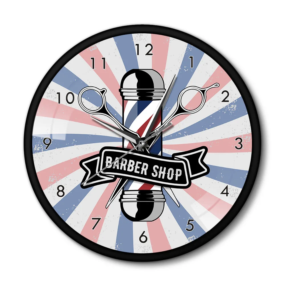 Парикмахерская палка бизнес знак металлическая рамка настенные часы для стрижки