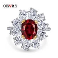 oevas 100 925 sterling ruby high carbon diamond flower wedding rings for women sparkling engagement party fine jewelry gift