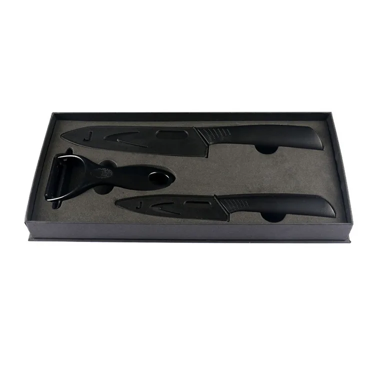 Черный керамический нож из трех частей для фруктов на открытом воздухе подходит