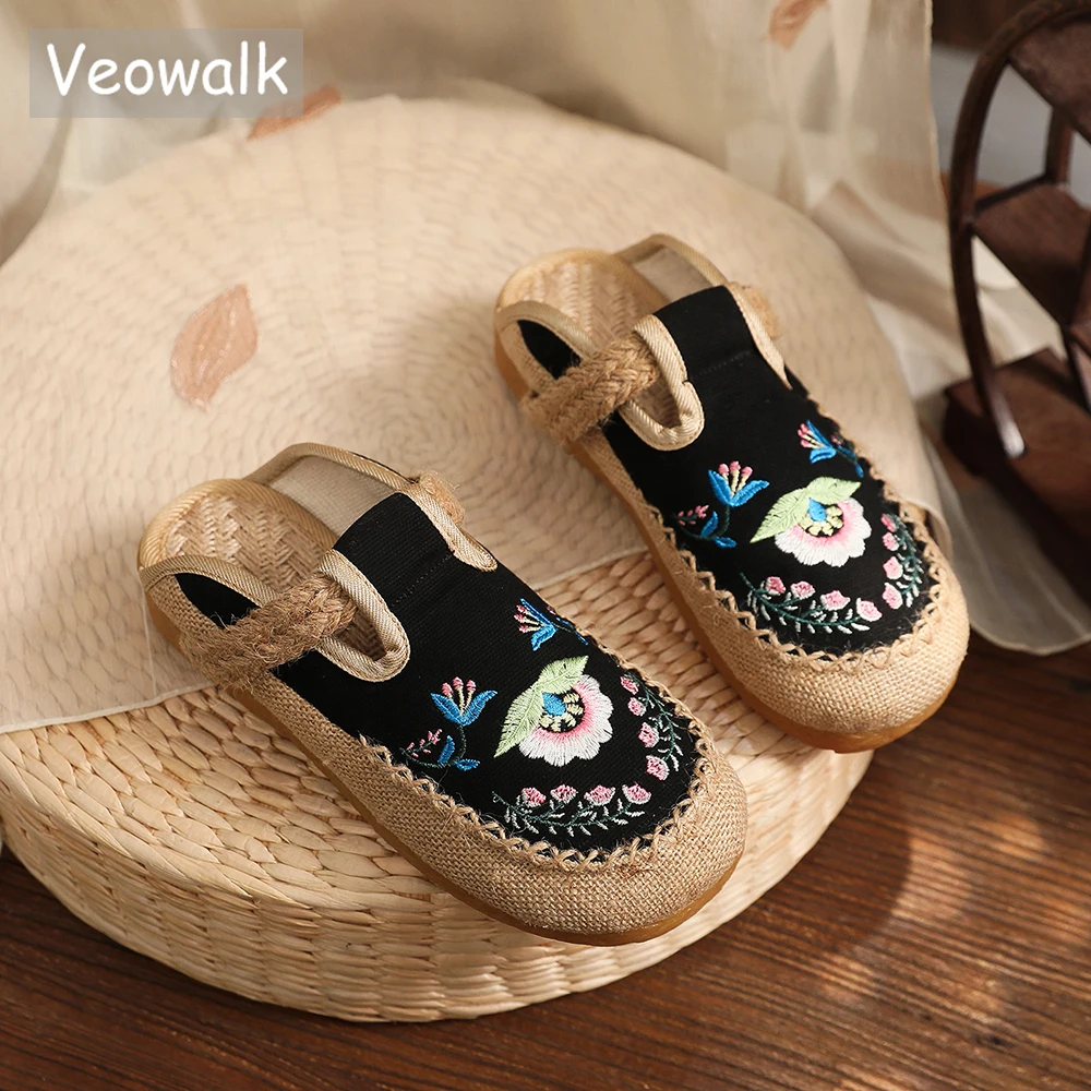 

Veowalk Flower Embroidered Women Linen Cotton Closed Toe Flat Slippers Summer Shoes Ladies Comfortable Casual Platform Mules