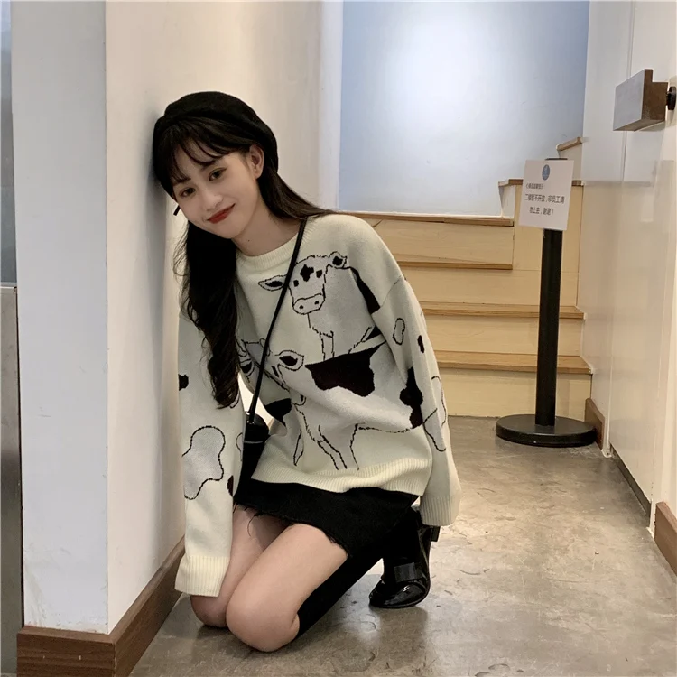 

Vintage Casual Loose Lazy Cow Sweater Female Korean Harajuku Women's Sweaters Japanese Kawaii Cute Clothing For Women