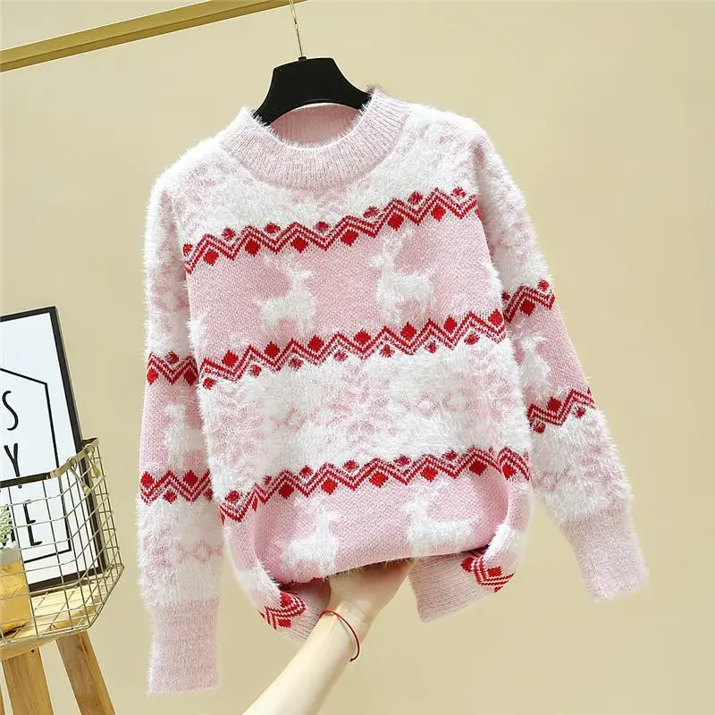 

Women Christmas Sweater and Pullovers Oneck Christmas Deer Winter Autumn Oversized mohair Knit Jumpers Red Sweater pull Femme