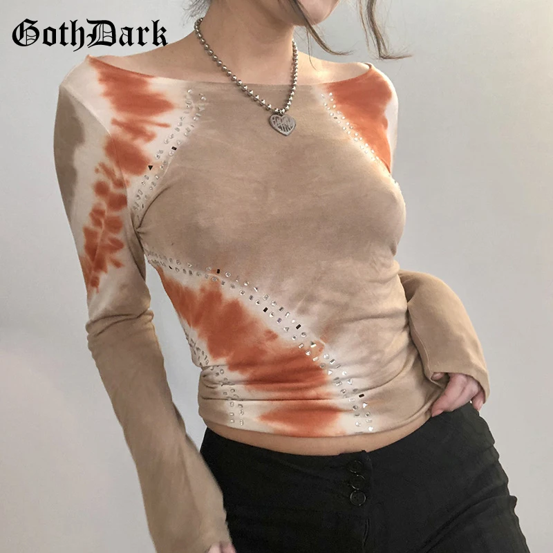 

Goth Dark Y2k Tie Dye Printed Women Casual T-shirts Punk Rhinestone Gothic Bodycon Tops Slash Neck Long Sleeve Fashion Clothes