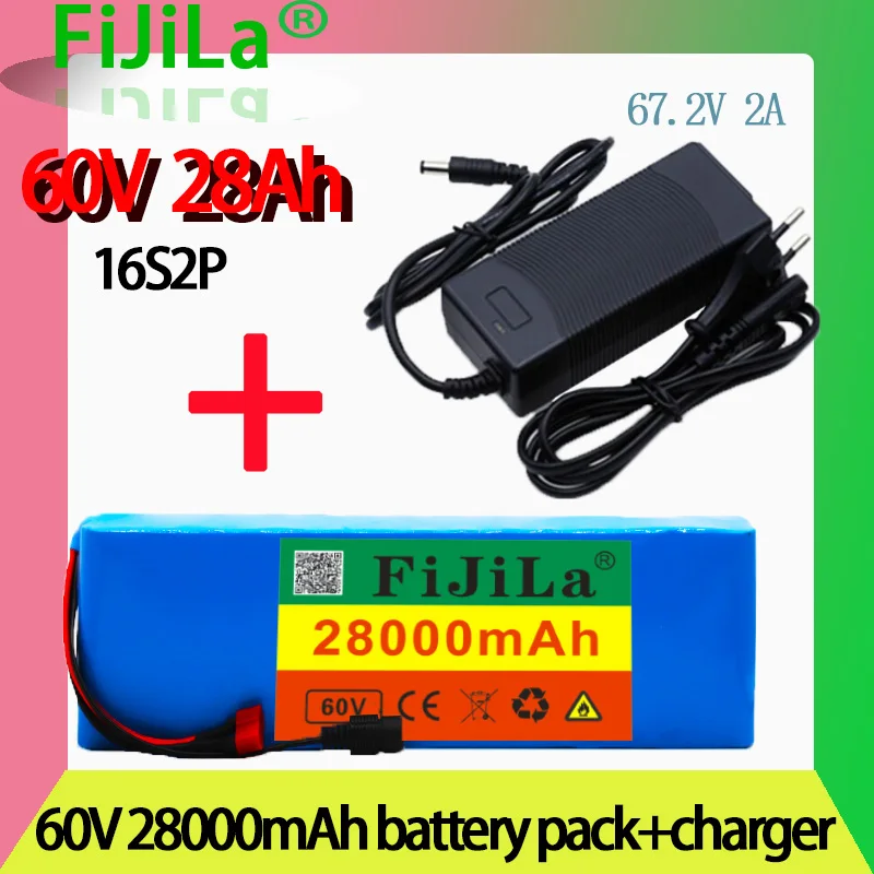 

60V 16S2P 28Ah 18650 Li-ion Battery Pack 67.2V 28000mAh Ebike Electric bicycle Scooter with BMS 1000Watt plug + charger