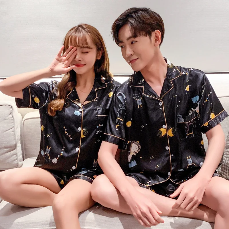 2021 Summer New Ice Silk Couple Pajamas Suit Short Sleeve Shorts Men's Women's Pajamas Home Wear Underwear Sleepwear Nightwear