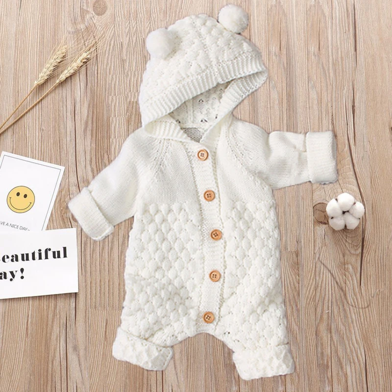 

Newborn Boy Rompers Autumn Winter Hot Infant Clothing Children'S Lovely Fur Ball Hooded Knitted Jumpsuit Cute Baby Clothing